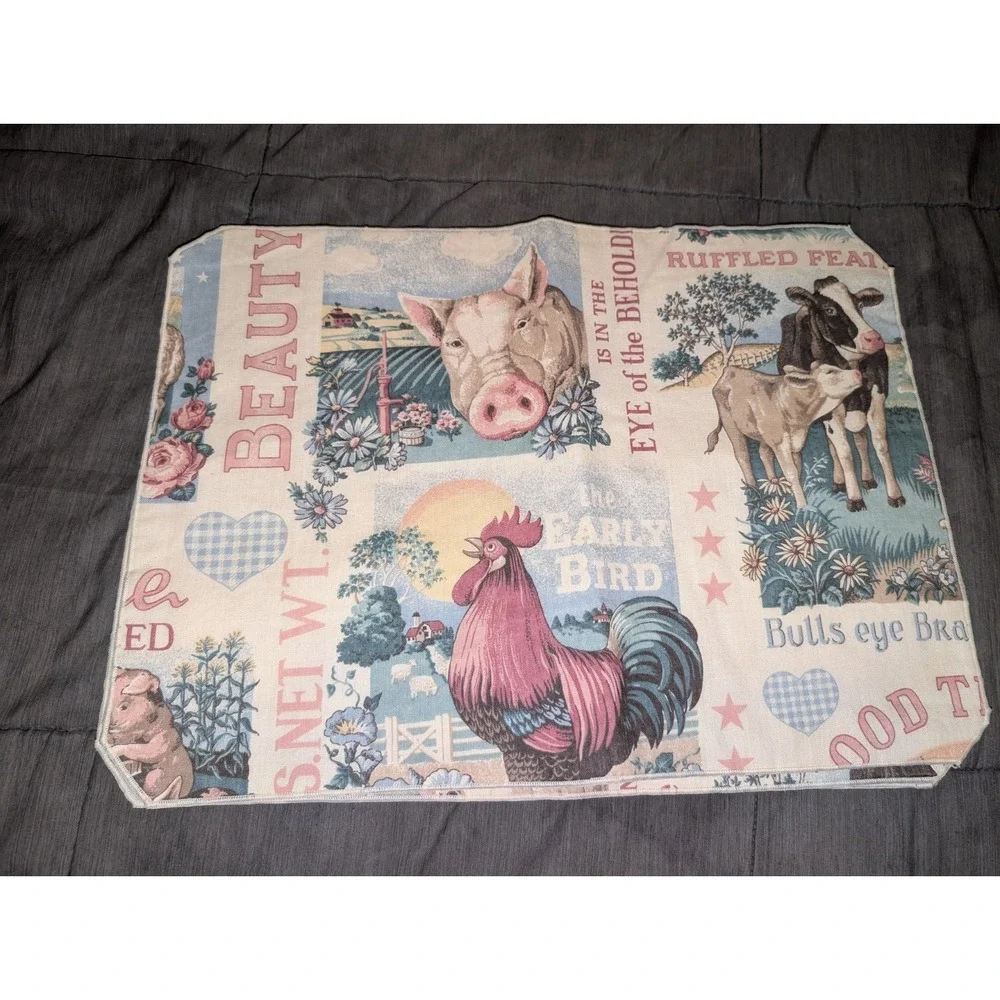 Country Farmhouse Placemats Cotton Depicting Animals w/Checkered Back Reversible
